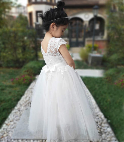TYHTYM Blumenmädchen Kleid, Festzug, Hochzeit, Spitzenkleid, Abschlussballkleid, Mädchen, Partykleid, Flattern Ärmel, Weiß