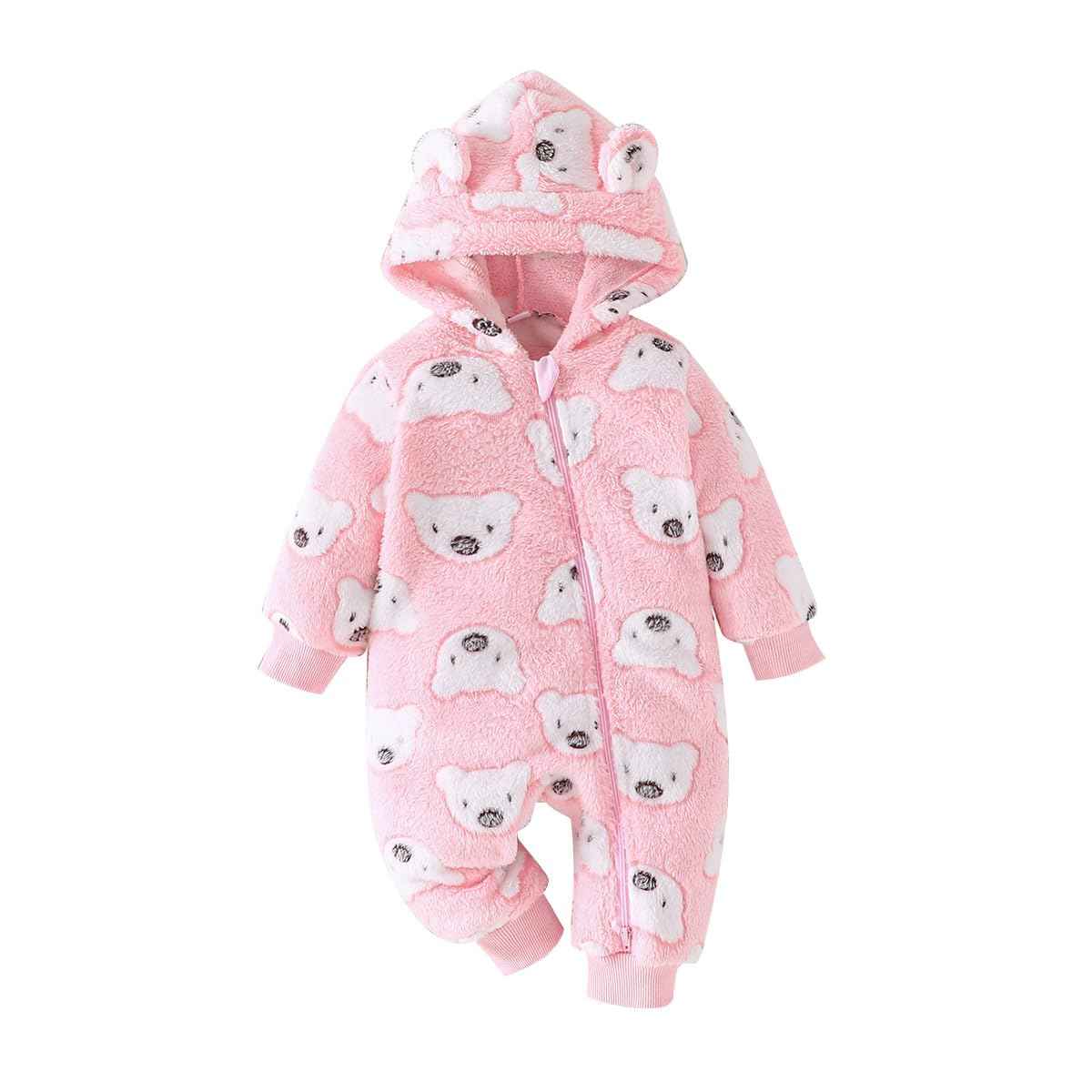 Yanmucy Newborn Baby Winter Romper with Hood Cartoon Bear Baby Snowsuit Warm Fleece Zip Baby Girl Boy Jumpsuit 0-18 Months