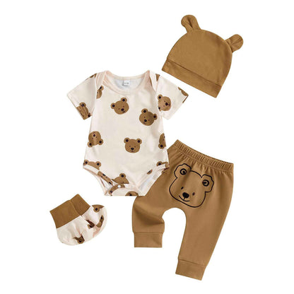 Newborn Baby Bear Print Romper Short Sleeve Long Pants Hat Shoes Set of 4