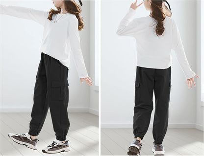 SEAUR Cargo Pants Girls Casual Pants Hip Hop Pants with Elastic Waist Sports Pants Jogging Pants with Pockets Drawstring Training Pants Sport Leisure Streetwear - 100-160cm 