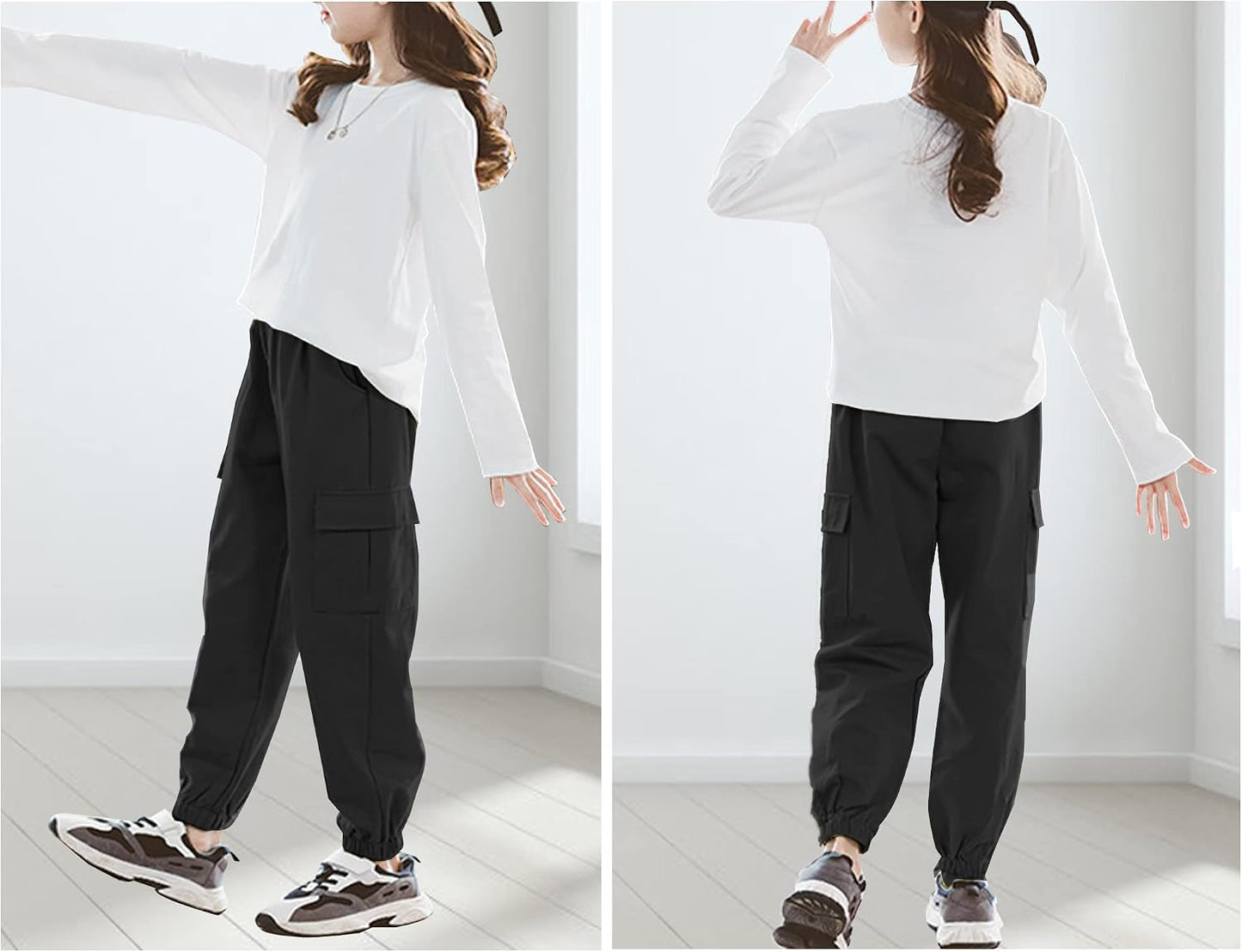 SEAUR Cargo Pants Girls Casual Pants Hip Hop Pants with Elastic Waist Sports Pants Jogging Pants with Pockets Drawstring Training Pants Sport Leisure Streetwear - 100-160cm 