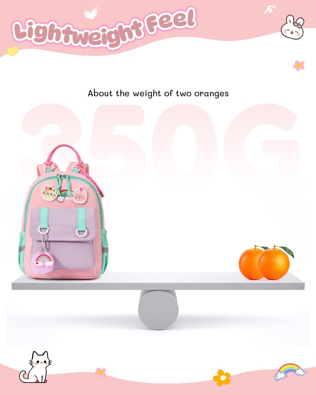 PROTAURI Kindergartenrucksack Mädchen 3-7 Jahre 11.6L Katze Hase, Rosa | mit Brustgurt reflektierend wasserabweisend leicht atmungsaktiv ergonomisch DIN A4 3D Patches 3D Tier Design