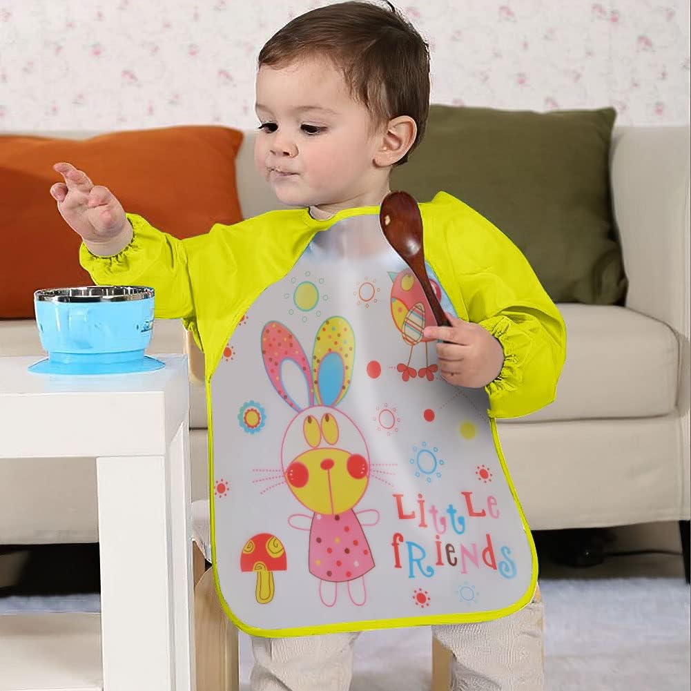 Vicloon Waterproof Baby Bibs, 5pcs Baby Bibs with Long Sleeves, Sleeved Bibs, Unisex Bib Set for Eating, Arts, Crafts, Painting, Playing (Pink, Blue, Green, Yellow) 