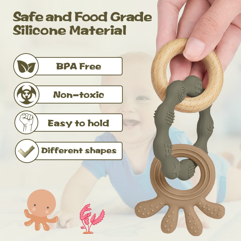 Vicloon Beißring für Babys, Beißring Spielzeug aus Silikon und Holzringe, Baby Zahnungshilfe BPA-frei, Schmerzlindernde Zahnen Nursing Zubehör für ab 3 Monaten Babys(Wal Blau)