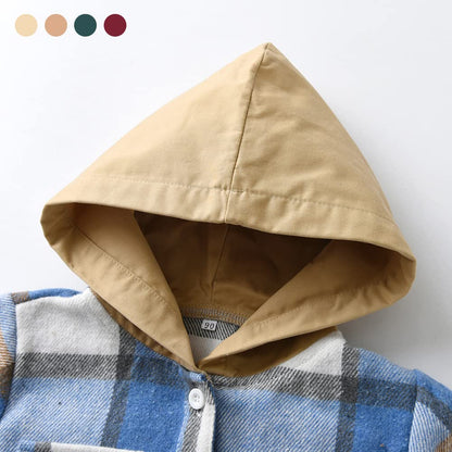 Kinder Übergangsjacke Jungen Kindermantel Mädchen Jacke Kariertem Hemd mit Kapuze für Frühling und Herbst