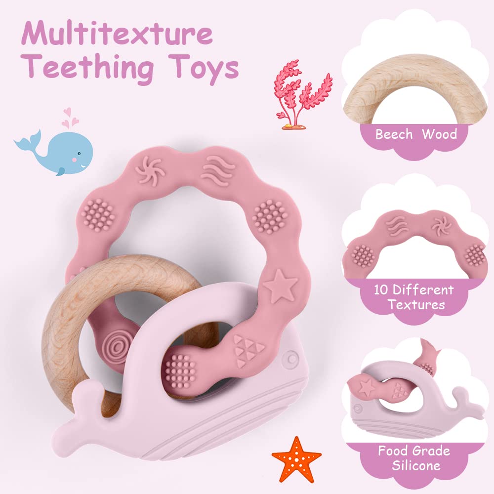 Vicloon Beißring für Babys, Beißring Spielzeug aus Silikon und Holzringe, Baby Zahnungshilfe BPA-frei, Schmerzlindernde Zahnen Nursing Zubehör für ab 3 Monaten Babys(Wal Blau)