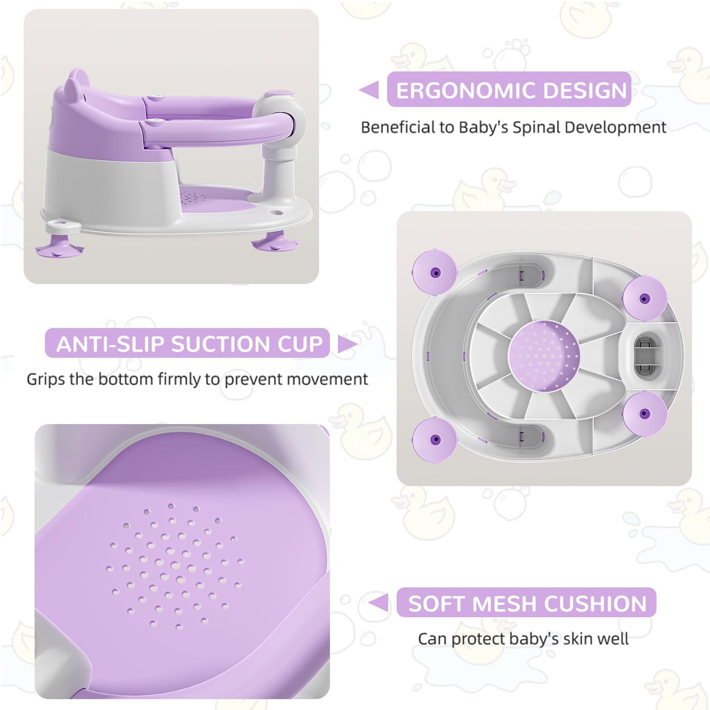Baby Bath Seat from 6 Months, Bear Non-Slip Bath Seat Baby with 4 Suction Cups and Cushions for Toddlers and Newborns, Safe Portable Bath Chair for Shower or Bathtub, Pink