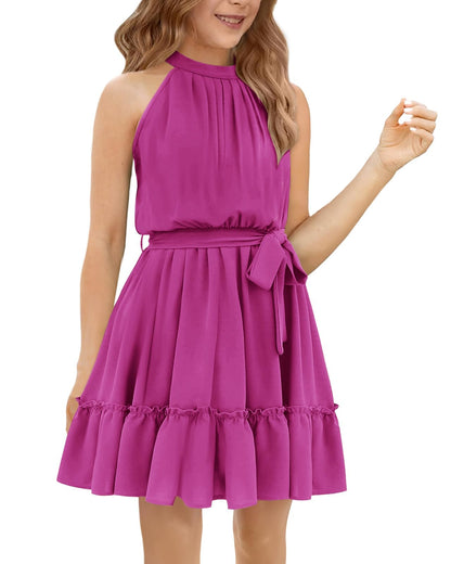 Halomoning Girls Dress Sleeveless Simple Classic Casual Knee Length for Kids Summer Princess Party Wedding Tie Waist A-Line 