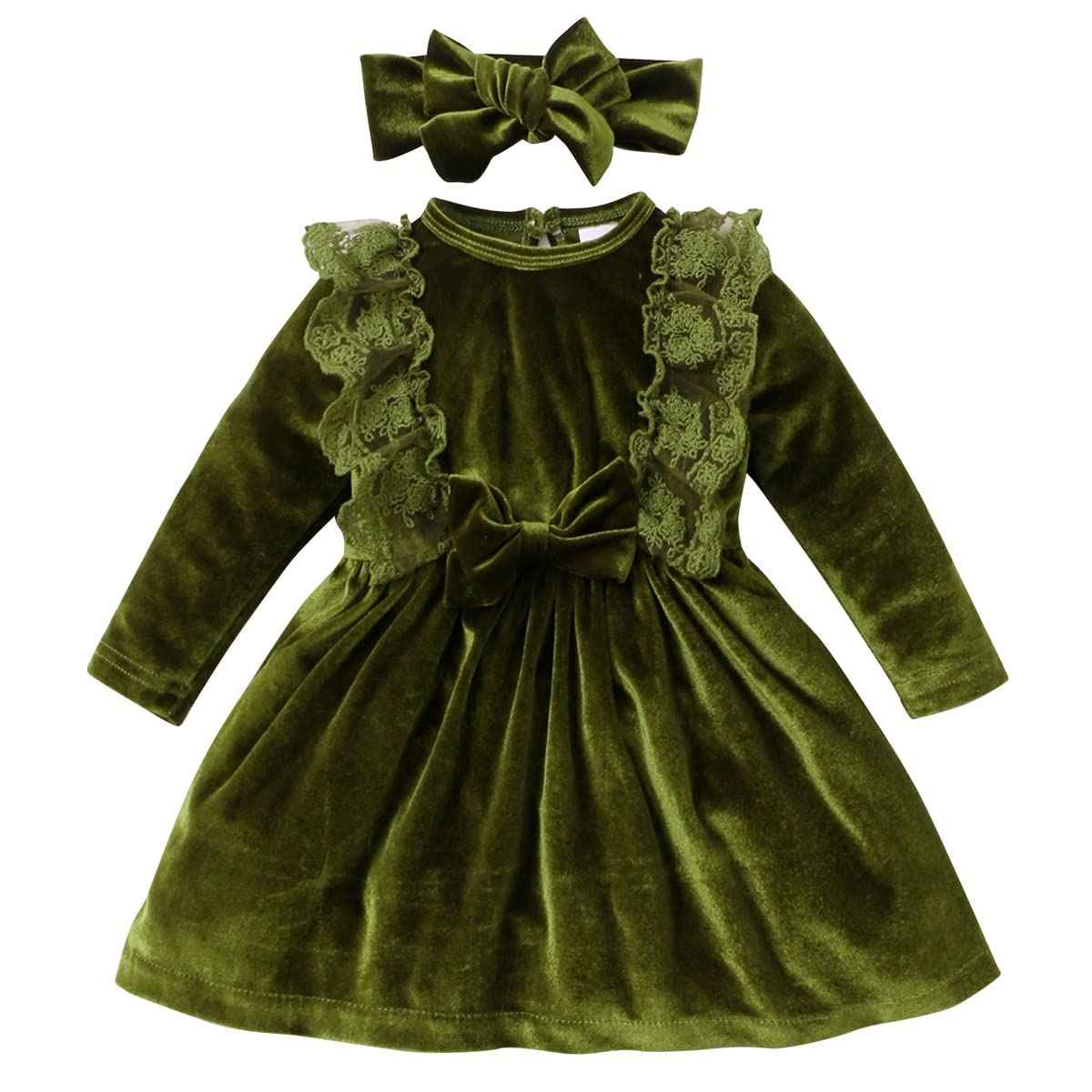 Baby Dress Girls Long Sleeve Lace A Line Princess Velvet Dress + Headband Wedding Festive Autumn Winter Clothing