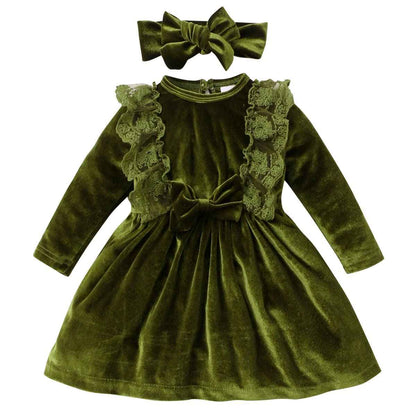Baby Dress Girls Long Sleeve Lace A Line Princess Velvet Dress + Headband Wedding Festive Autumn Winter Clothing