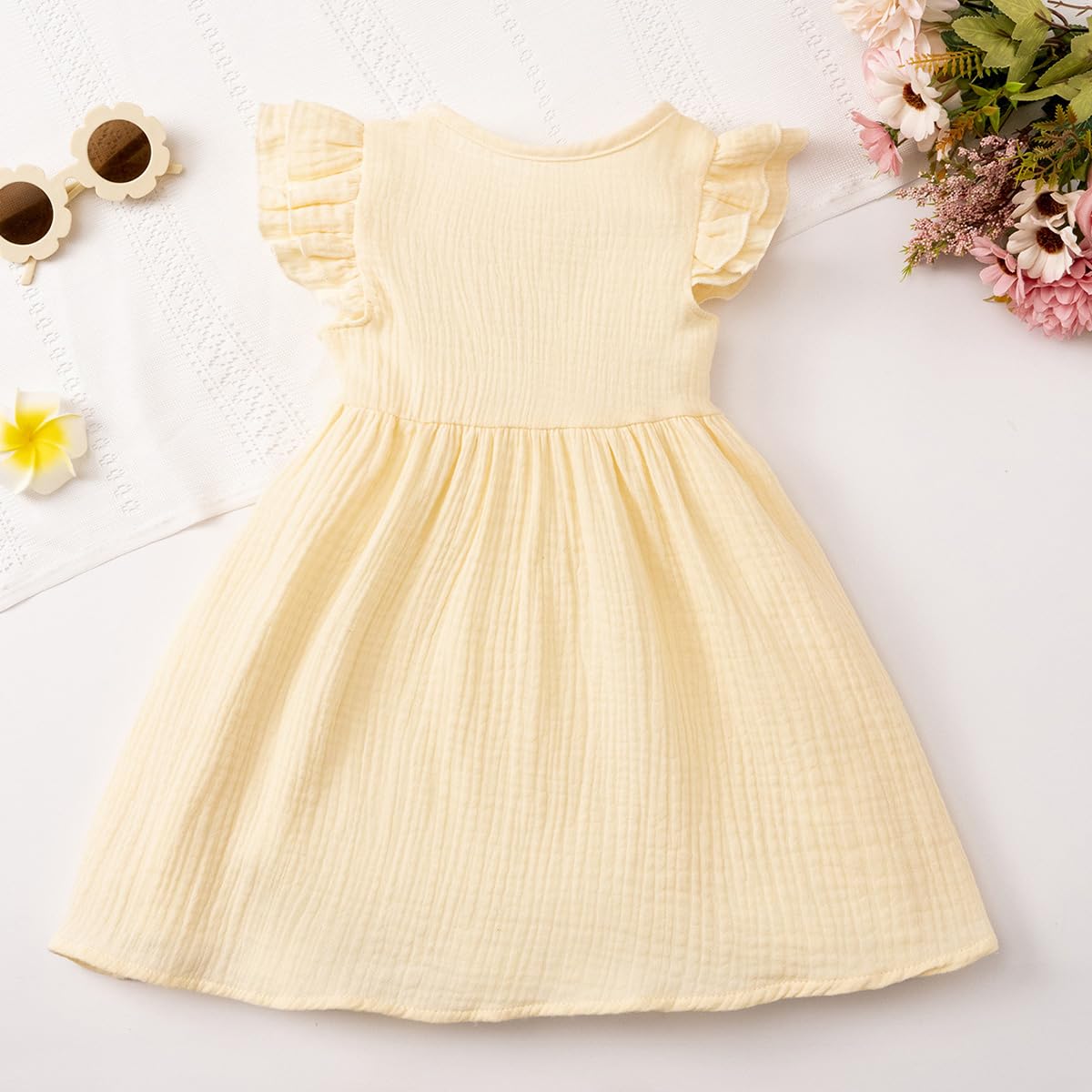 Kleinkinder Mädchen Sommerkleid Rüschenärmel Rundhalsausschnitt Knopfleiste Kleid lässiges Herbst A-Linien Party Kinderkleider 2-6 Jahre