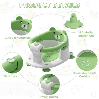 Baby Bath Seat from 6 Months, Bear Non-Slip Bath Seat Baby with 4 Suction Cups and Cushions for Toddlers and Newborns, Safe Portable Bath Chair for Shower or Bathtub, Pink