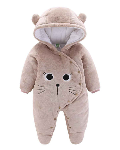 JiAmy Baby-Overall Baby-Strampler Flanell Winter-Strampelanzug mit Füßchen Kapuze Cartoon,Khaki 6-9 Monate