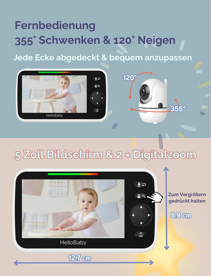 HelloBaby Babyphone mit Kamera, Kein WLAN, 5" IPS, HB6550, 3500 mAh | 355° Schwenken-120° Neige-Zoomen, Babyfone ohne WLAN, 2 Wege Audio, Temperatur, 8 Schlaflieder, Nachtsicht, Kabel-Kamera