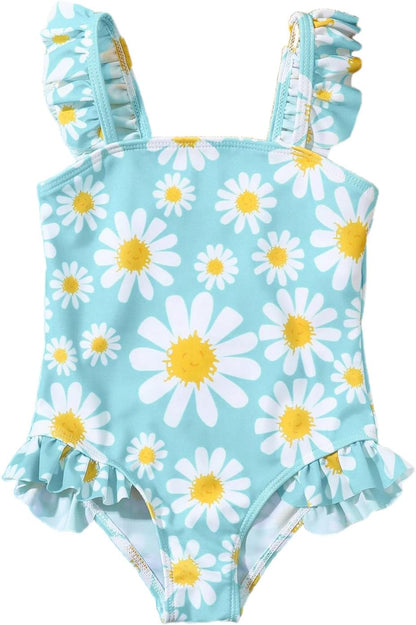 JiAmy Einteiliger Mädchen Badeanzug Blumenmuster Rüschen Elastischen Trägern Ärmellos Kleinkinder Schwimmkleidung für 2–7 Jahre/92-122