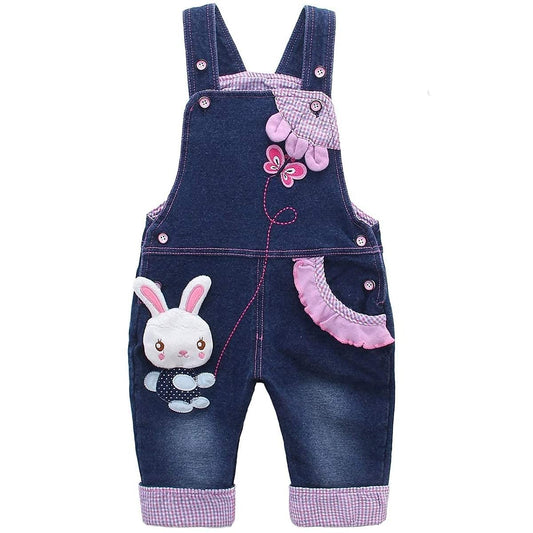 KIDSCOOL SPACE Baby-Mädchen Jeans-Latzhose, niedliches Denim-Outfit mit 3D-Hasenmotiv, Blau