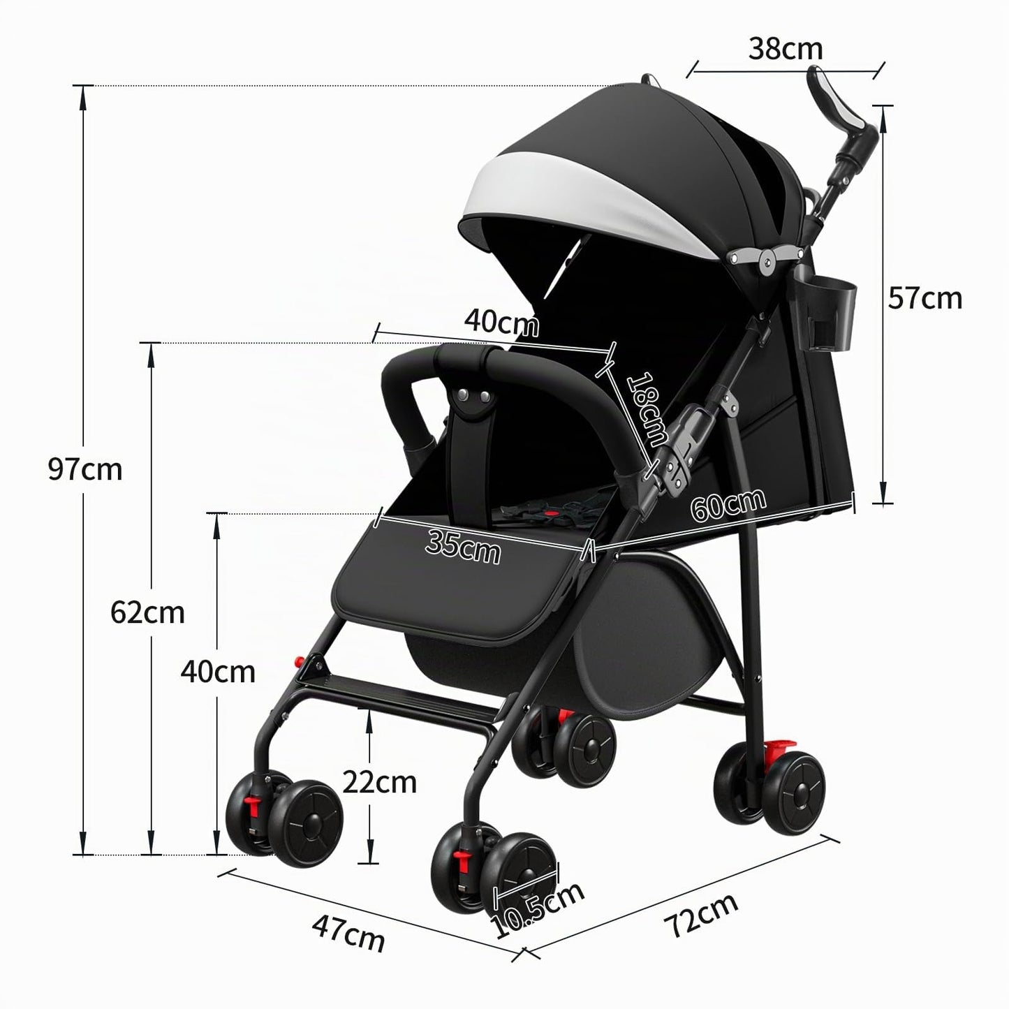 Buggy für Babys, ultraleicht, kompakt, faltbar und neigbar, von Geburt bis 25 kg, mit Trolley-System, Regenschutz inklusive, ausziehbarer Haube, C-schwarz