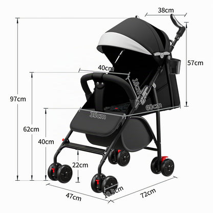Buggy für Babys, ultraleicht, kompakt, faltbar und neigbar, von Geburt bis 25 kg, mit Trolley-System, Regenschutz inklusive, ausziehbarer Haube, C-schwarz