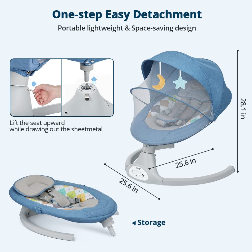 Bioby Elektrische Babywippe | Babyschaukel mit 5-Punkt-Gurt & 5 Schaukelmodi, Leicht & Sicher Wippe Baby Elektronisch mit Bluetooth-Musik & Fernbedienung, für 0-12 Monate (2-9 kg), Grau