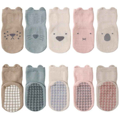 Pack of 5 Baby Toddler ABS Non-Slip Socks, Trainer Socks, Animal Motifs, Cotton