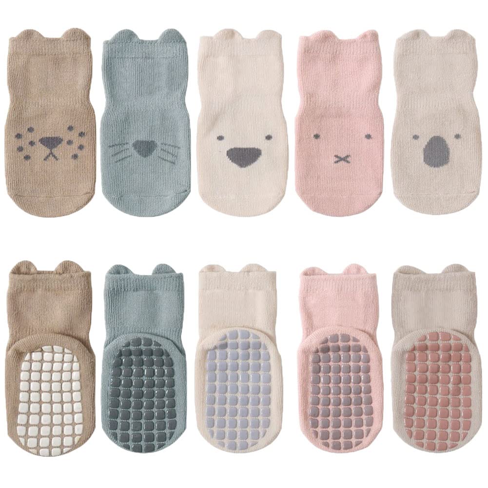 Pack of 5 Baby Toddler ABS Non-Slip Socks, Trainer Socks, Animal Motifs, Cotton