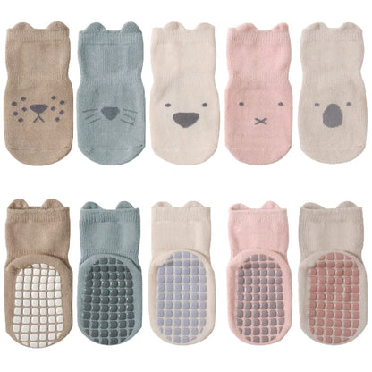 Pack of 5 Baby Toddler ABS Non-Slip Socks, Trainer Socks, Animal Motifs, Cotton