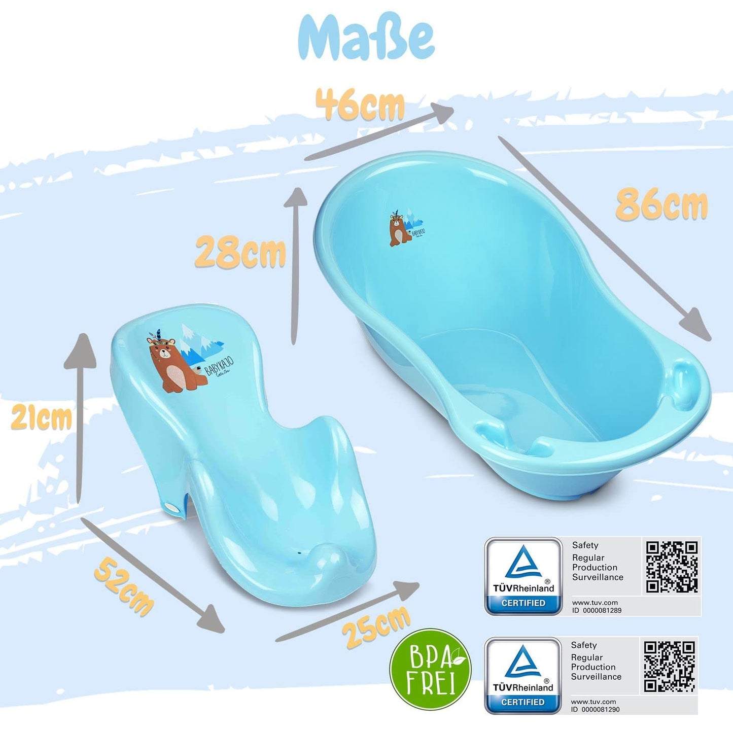 Baby Badewanne mit Gestell 4 Set TÜV Rheinland zertifiziert! Babybadewannen + Baby Badewannensitz +Abfluss + Gestell - Babywanne mit Ständer! Baby Pflegeset für Neugeborene.