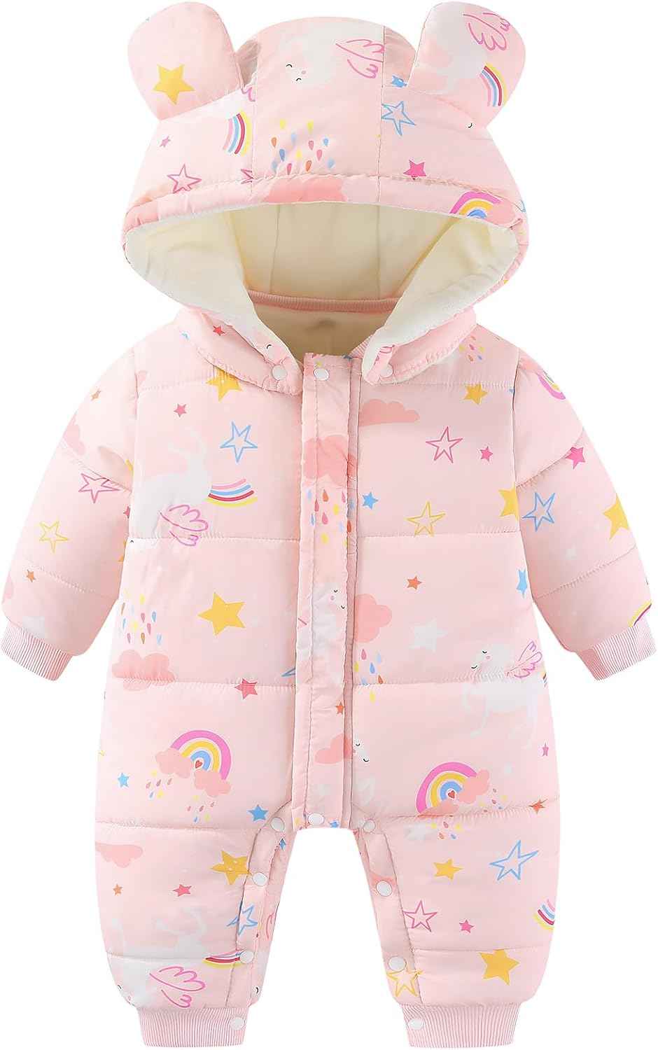 JiAmy Baby Snowsuit, Toddler Winter Romper Girls Boys Winter Jumpsuit with Hood Long Sleeve Jumpsuit Cute Prints for 3-24 Months