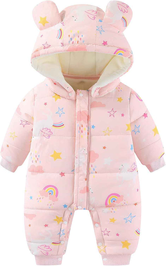 JiAmy Baby Snowsuit, Toddler Winter Romper Girls Boys Winter Jumpsuit with Hood Long Sleeve Jumpsuit Cute Prints for 3-24 Months