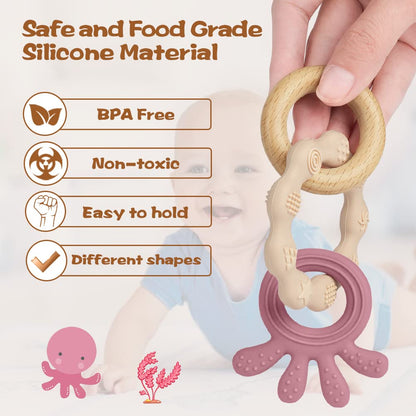 Vicloon Beißring für Babys, Beißring Spielzeug aus Silikon und Holzringe, Baby Zahnungshilfe BPA-frei, Schmerzlindernde Zahnen Nursing Zubehör für ab 3 Monaten Babys(Wal Blau)