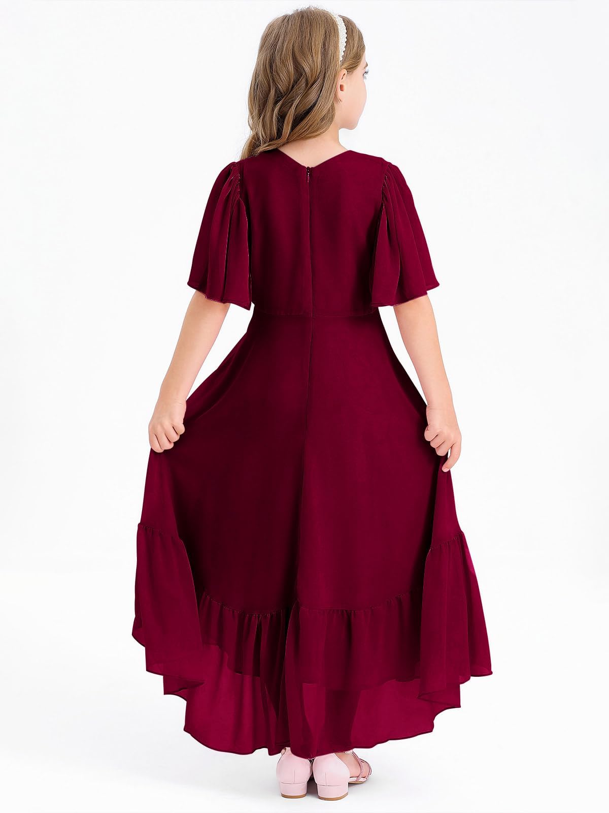 Haloumoning Mädchen Sommerkleid V-Ausschnitt Rüschenkleider Casual A Line Kleid Flowy Hoch Niedrig Lang Partykleid Elegant Langes Abendkleid