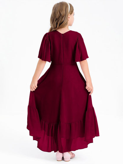 Haloumoning Mädchen Sommerkleid V-Ausschnitt Rüschenkleider Casual A Line Kleid Flowy Hoch Niedrig Lang Partykleid Elegant Langes Abendkleid