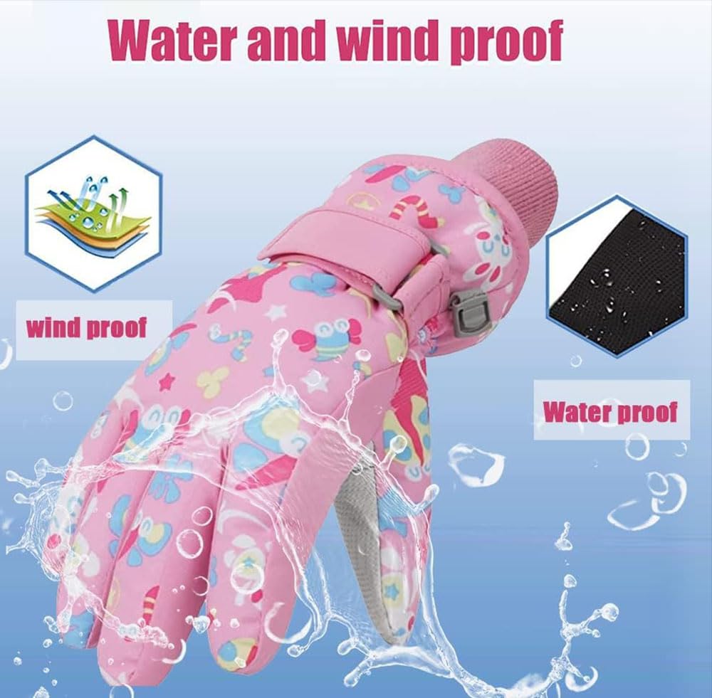 HNGEMSY Children's Winter Snow Gloves Ski Gloves for 2-13 Years Girls Boys PU Palm Waterproof Windproof Warm Fleece Winter Gloves