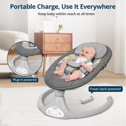 Bioby Elektrische Babywippe | Babyschaukel mit 5-Punkt-Gurt & 5 Schaukelmodi, Leicht & Sicher Wippe Baby Elektronisch mit Bluetooth-Musik & Fernbedienung, für 0-12 Monate (2-9 kg), Grau