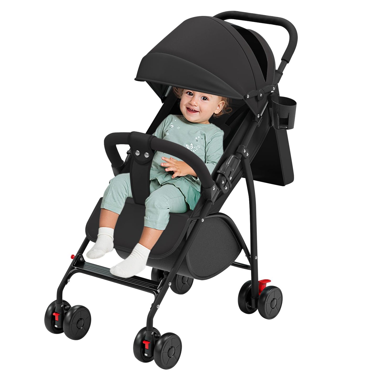 Buggy für Babys, ultraleicht, kompakt, faltbar und neigbar, von Geburt bis 25 kg, mit Trolley-System, Regenschutz inklusive, ausziehbarer Haube, C-schwarz