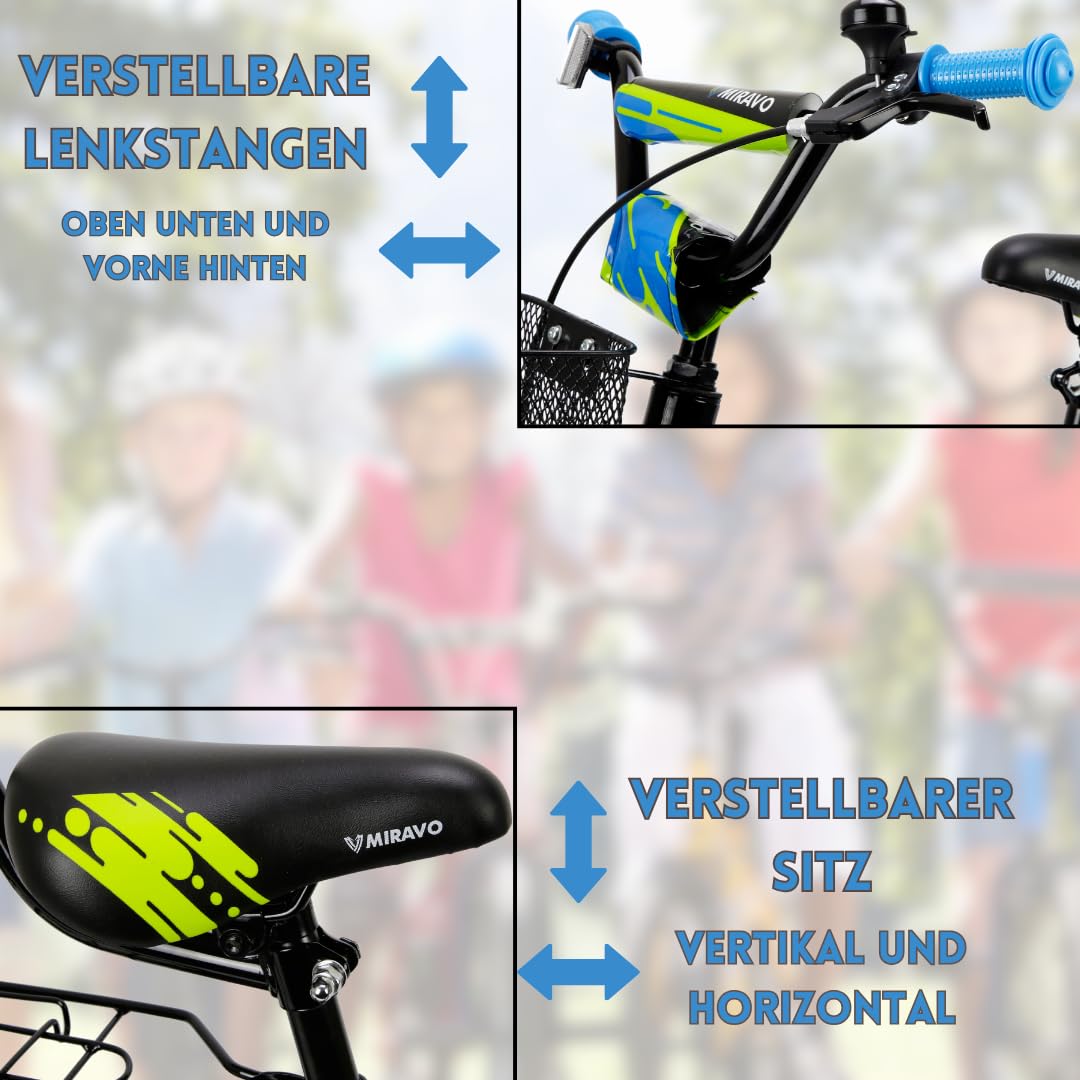 MIRAVO Kinderfahrrad Fahrrad Kinder Ab 2 Bis 8 Jahre Mit Stützrädern Schubstange V-Brake Bremsen Rückstrahl Aufkleber 12 16 20 Zoll Radgröße Korb Für Junge Spark - Meloni2