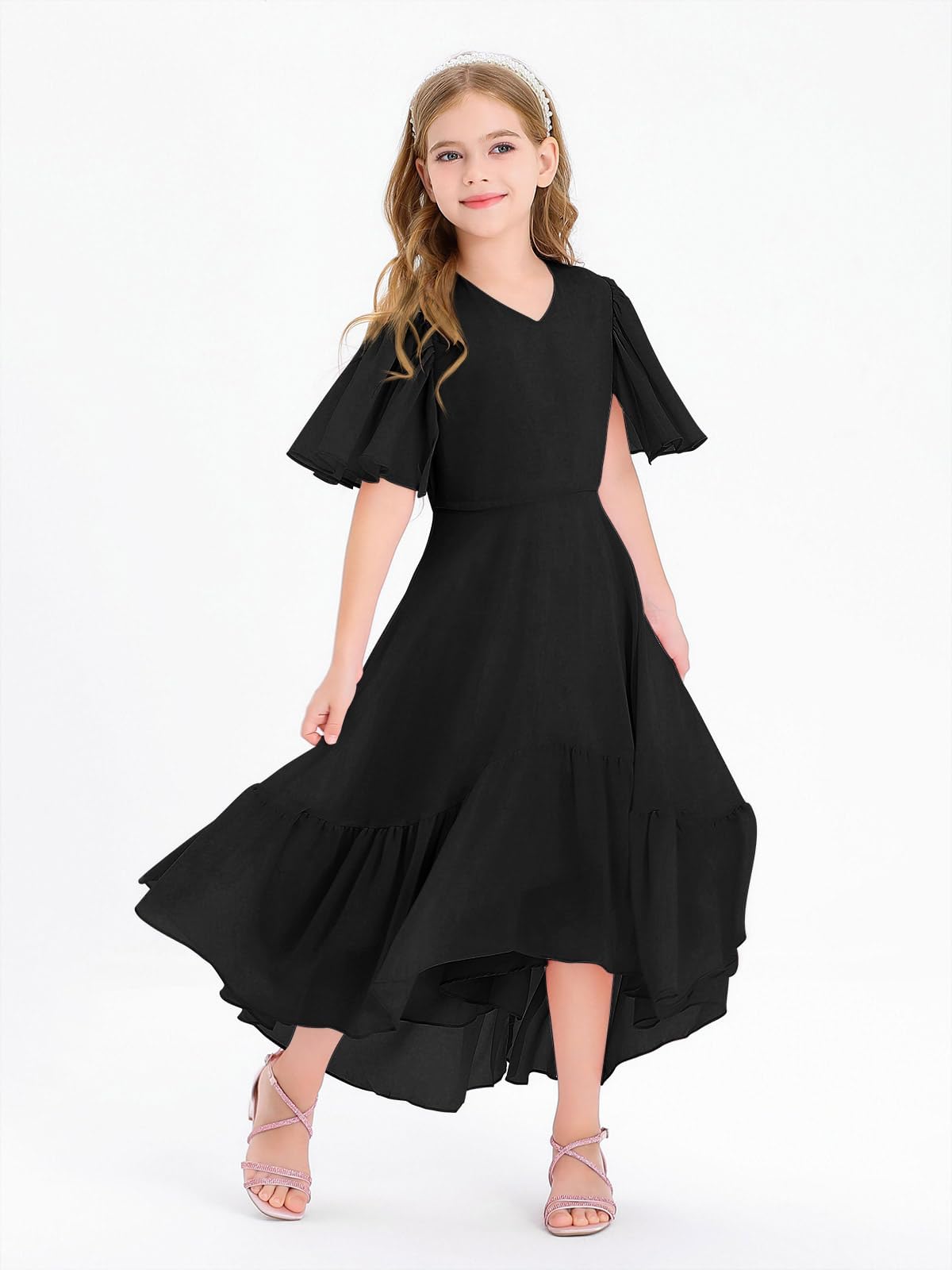 Haloumoning Mädchen Sommerkleid V-Ausschnitt Rüschenkleider Casual A Line Kleid Flowy Hoch Niedrig Lang Partykleid Elegant Langes Abendkleid