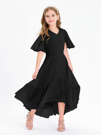 Haloumoning Mädchen Sommerkleid V-Ausschnitt Rüschenkleider Casual A Line Kleid Flowy Hoch Niedrig Lang Partykleid Elegant Langes Abendkleid