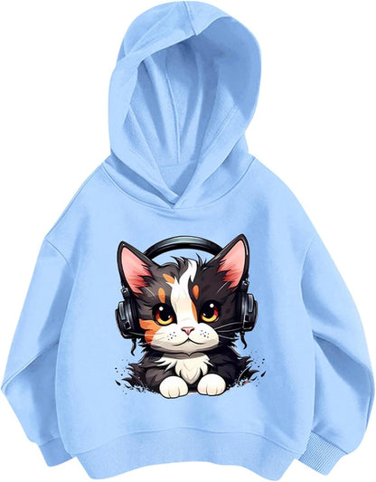 Pullover Mädchen Hoodie Niedlicher Katzen-Druck Lässig Locker Kapuzenpullover Frühling Herbst Langarm Pullover Sweatshirt mit Kapuzen Langarmshirt Oberteile für 3-12 Jahre
