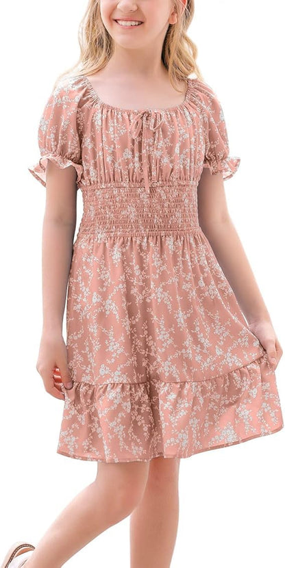 Haloumoning Girls Dresses Short Sleeve Summer Dress Kids Puffy Sleeve Floral Dress Square Neck A-Line Casual Dress Casual Party Wedding Festive Dress 