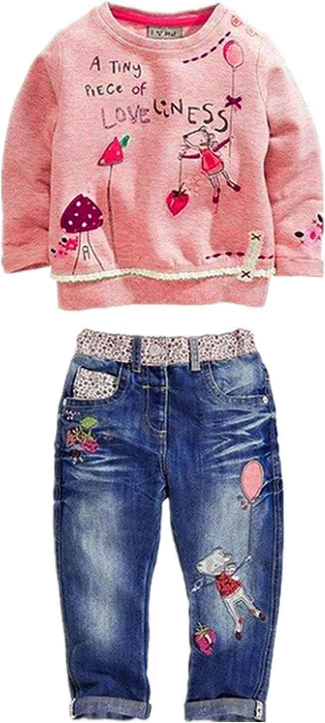 MAXIMGR Baby-Kleidung für Mädchen, Kleinkind, Mädchen, Herbst-Outfit, niedlich, langärmelig, Cartoon-Pullover, Denim-Hose, Sets für Herbst und Winter