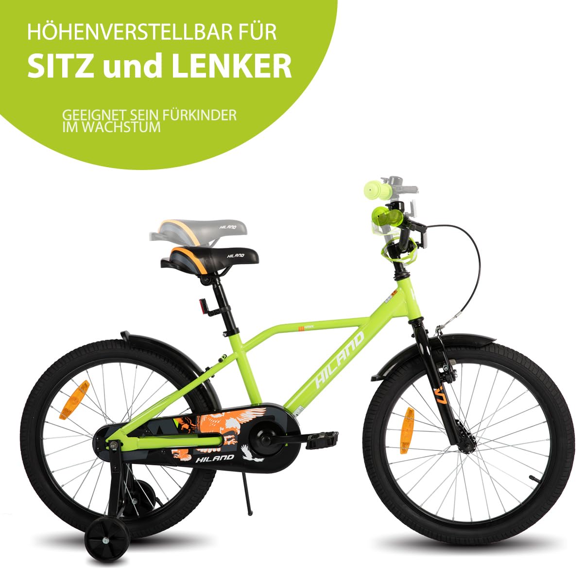 Hiland 12/14/16/20 Zoll Kinderfahrrad, Jungen Fahrrad für 3-10 Jahre, mit Stützrädern, Kinderfahrrad mit Handbremse und Rücktrittbremse, Schwarz/Grün/Blau/Orange
