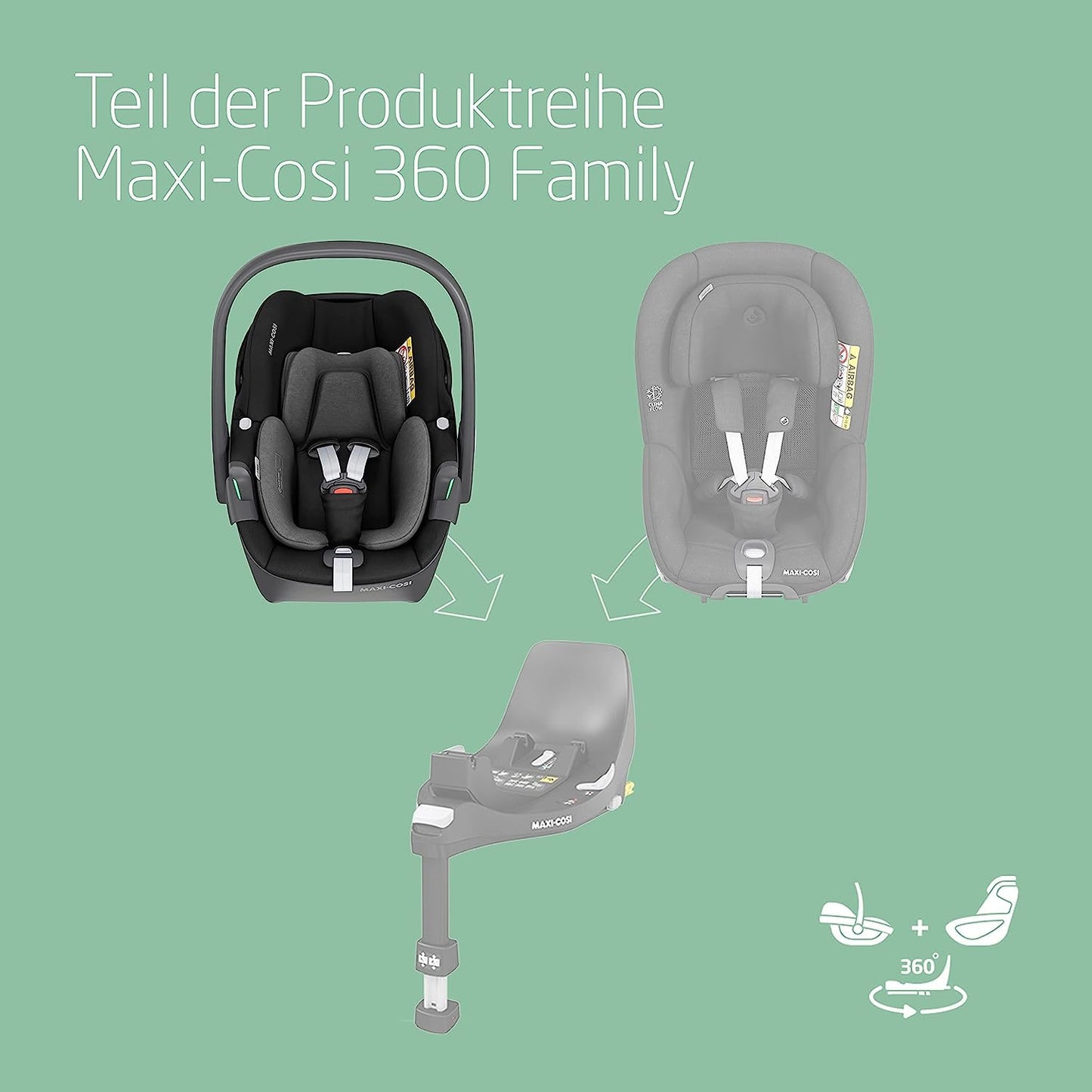Maxi-Cosi Pebble 360 i-Size Babyschale Drehbar, Neugeborenen Autositz 360 Grad, 0–15 Monate (40–83 cm), Drehung mit einer, ClimaFlow, Easy-In-Gurt, G-CELL Seitenaufprallschutz, Essential Green - Meloni2