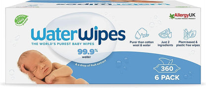 WaterWipes Plastic-Free Original Baby Cleansing Wipes, 360 Wipes (6 Packs), 99.9% Water-Based Cleaning Wipes, Unscented for Sensitive Skin