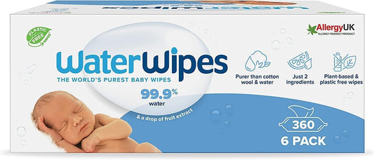 WaterWipes Plastic-Free Original Baby Cleansing Wipes, 360 Wipes (6 Packs), 99.9% Water-Based Cleaning Wipes, Unscented for Sensitive Skin
