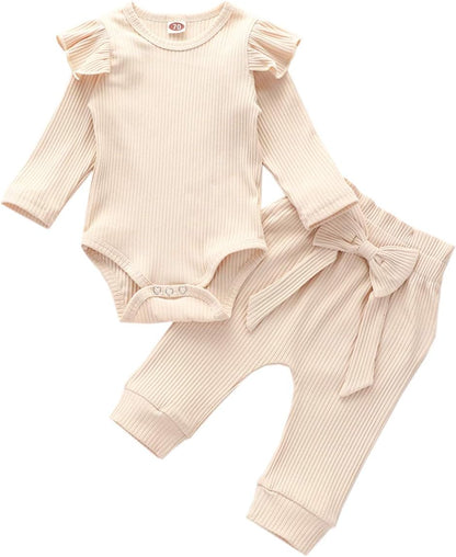 Baby Mädchen Kleidung Set, Weiches Neugeborenes Outfit mit Langarm Bodysuit Strampler, Hose und Stirnband / Hut