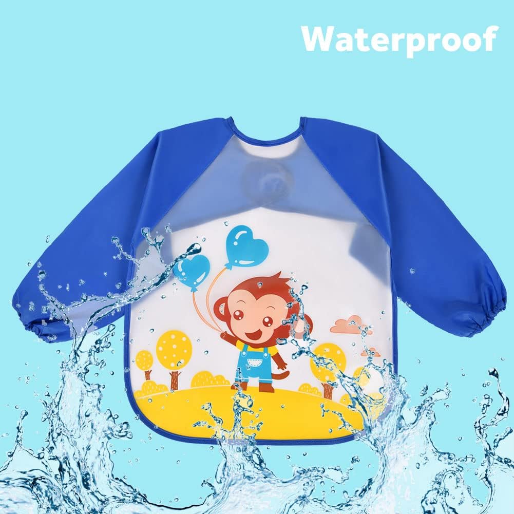 Vicloon Waterproof Baby Bibs, 5pcs Baby Bibs with Long Sleeves, Sleeved Bibs, Unisex Bib Set for Eating, Arts, Crafts, Painting, Playing (Pink, Blue, Green, Yellow) 