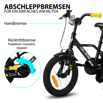 Hiland 12/14/16/20 Zoll Kinderfahrrad, Jungen Fahrrad für 3-10 Jahre, mit Stützrädern, Kinderfahrrad mit Handbremse und Rücktrittbremse, Schwarz/Grün/Blau/Orange