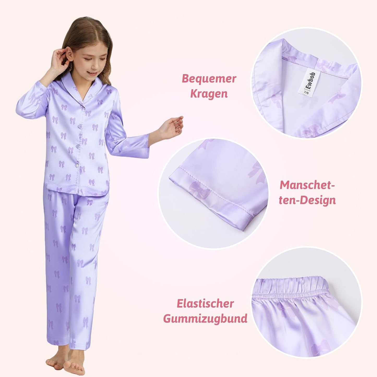 Pyjamas Mädchen Kinder, Süße Pyjama Sets, Satin Pyjamas für Mädchen 5-14 Jahre