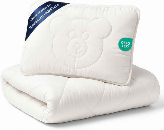 Baby Bettdecke und Kissen Kinderdecke 100x135 cm - Kinderbettdecke Kinder Bettdecken Set und Decke für Kleinkind Babybett Mikrofaser Weiß Oeko-Tex-Zertifikat 100 x 135